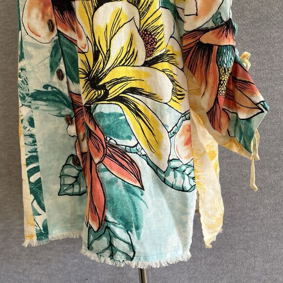 John Mark Linen Tropical Floral Top Size L Lagenlook Aloha Wired Collar Resort - Picture 5 of 15